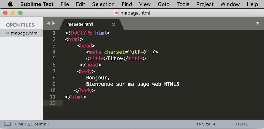 Code avec balise HTML dans l'éditeur Sublime Text